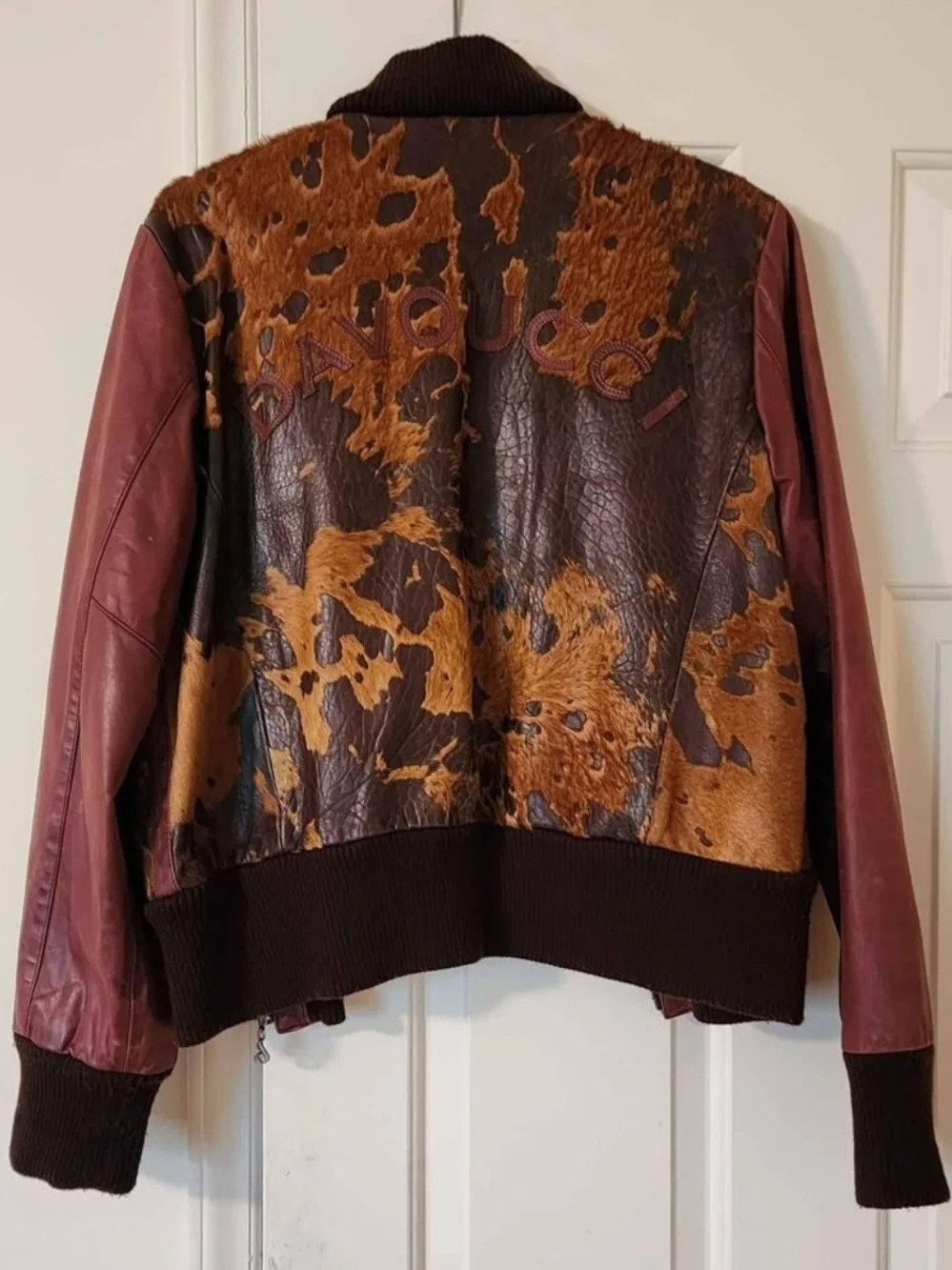 Davoucci Burgundy Leather and Brown Haircalf Mixed-Media Bomber Jacket Size 2XL